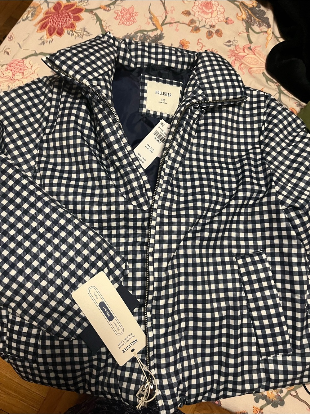 Hollister Zip-Up Pattern Puffer Jacket Gingham Blue & White Small